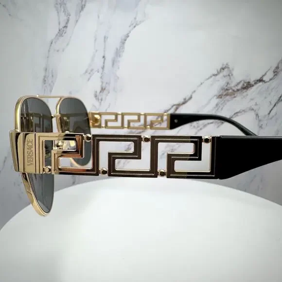 New VERSACE Sunglasses Gold Aviator Pilot Metal Greca Logo Black